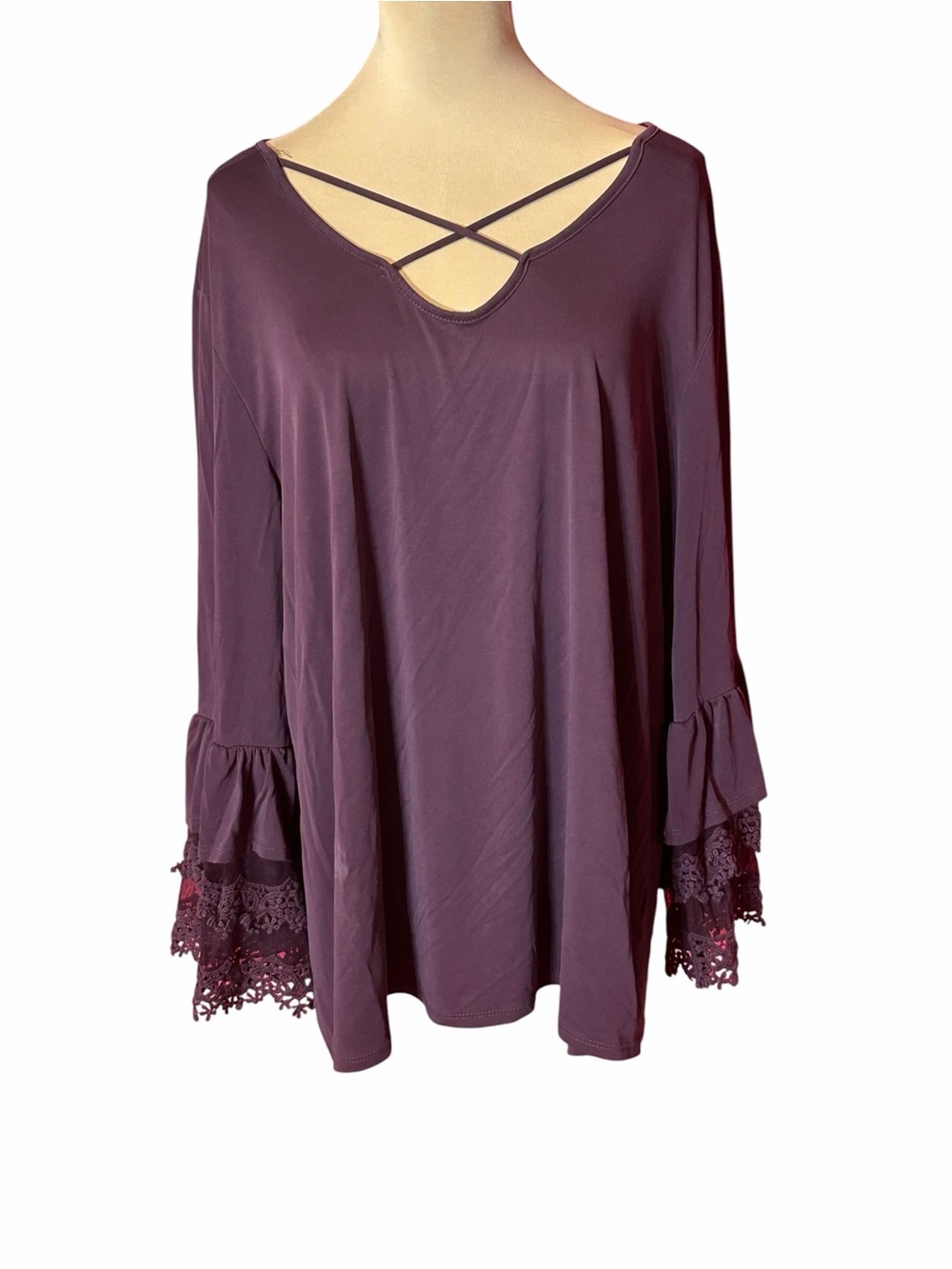 ODDY Plum Crisscross V-Neck Lace Bell Sleeve Tunic Top 2XL Boho